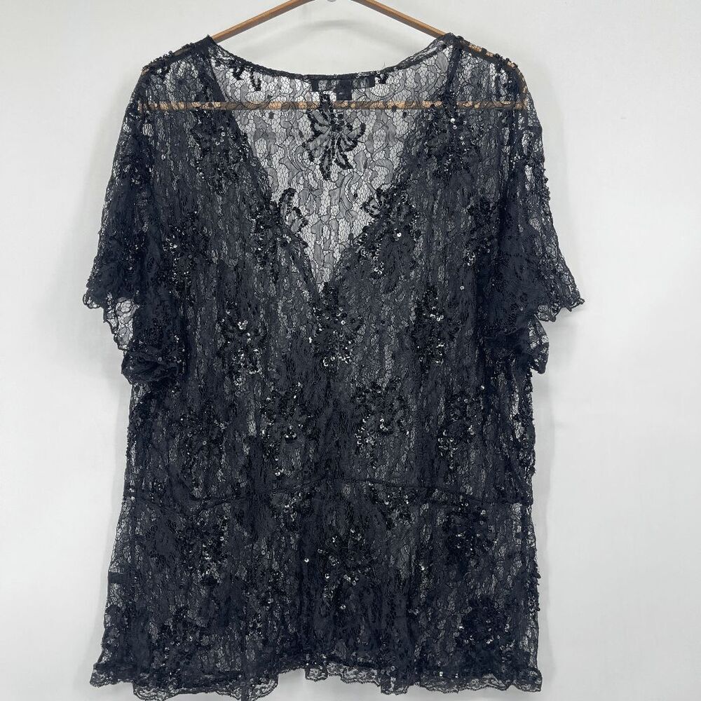 Lafayette 148 New York Black Sequined Sheer Lace Flutter Sleeve Blouse Size 18